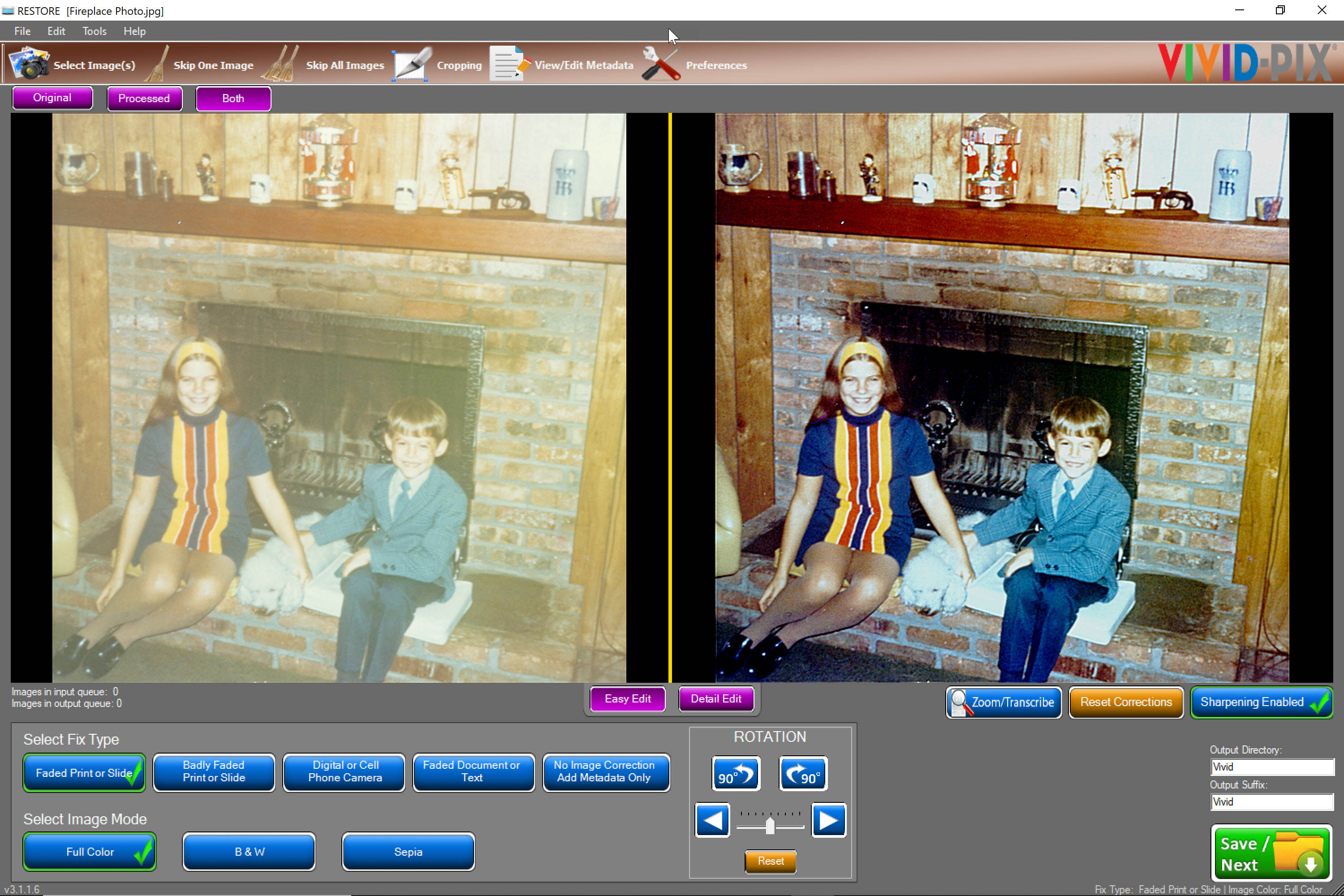 Children next to Fireplace  Photo Restored with Vivid-Pix