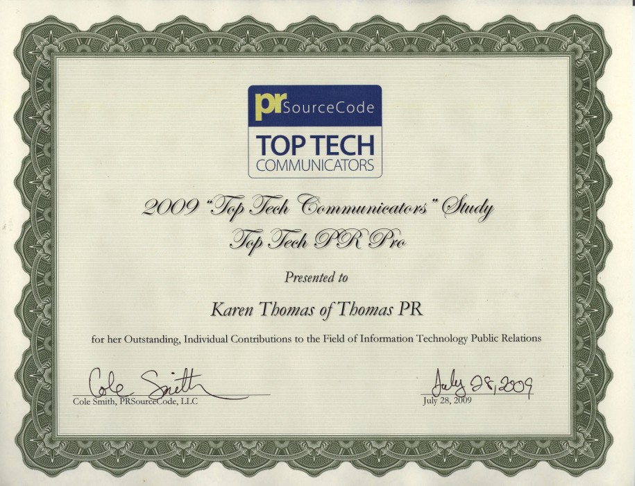 Karen Thomas, President & CEO, Thomas PR Wins "Top Tech Communicators" Award 2009 for "Outstanding, Individual Contributions to the Field of Information Technology Public Relations."