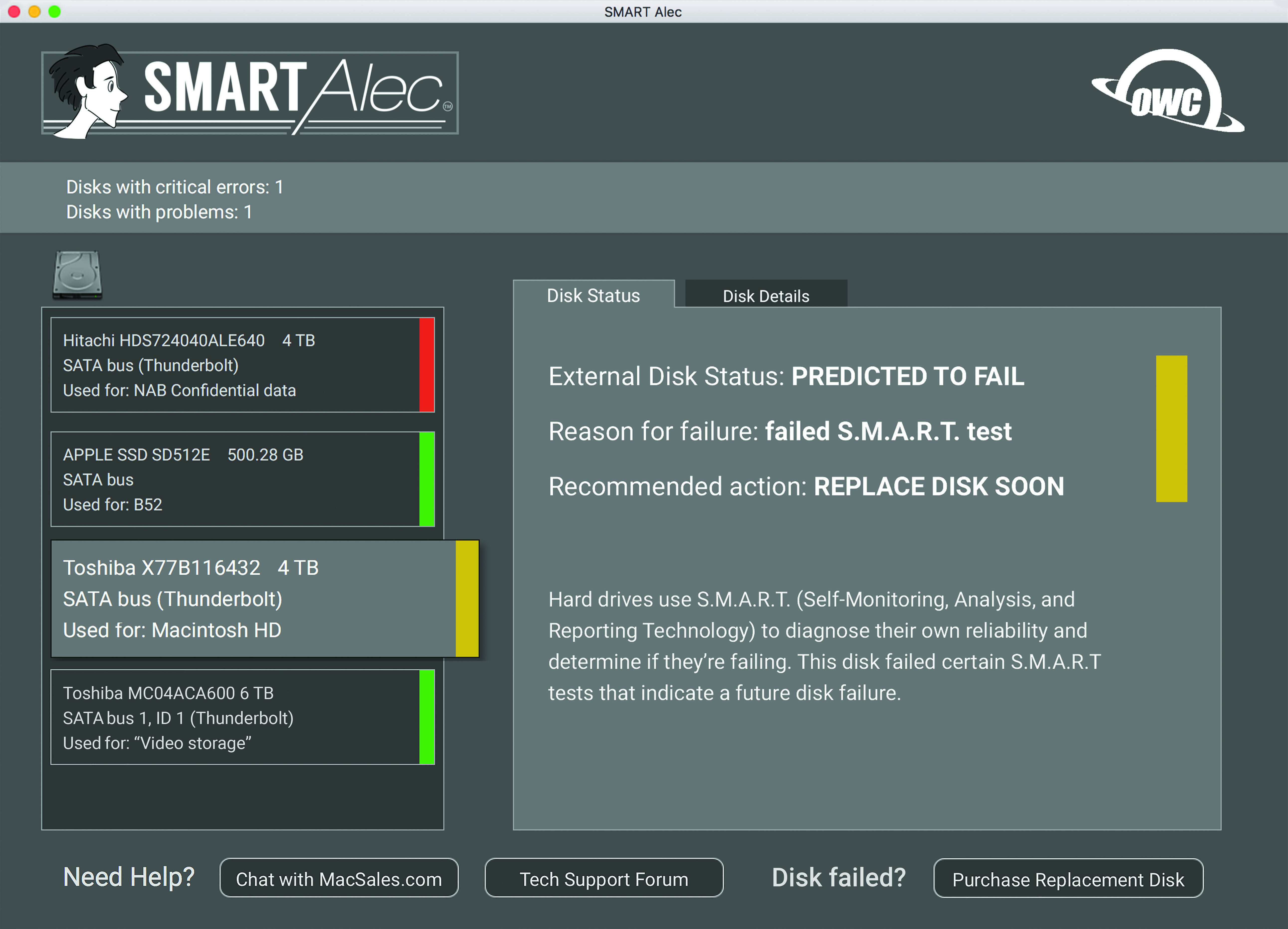 SMART Alec Screen Shot - Drive Predicted to Fail