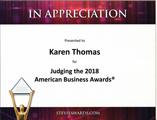 Stevie Awards – American Business Awards Karen Thomas, President, Thomas PR is Judge for Stevie Awards - American Business Awards 2018