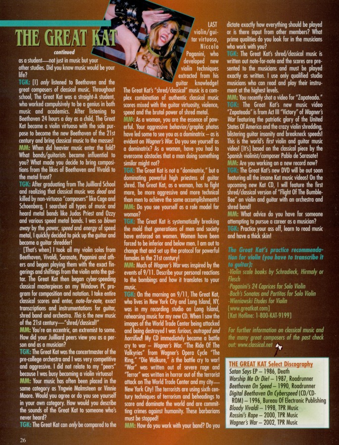 The Great Kat Interview in Metal Maniacs Magazine - "The Great Kat's Classical/Metal Strangle Hold" By Liz Ciavarella, Metal Maniacs Magazine
