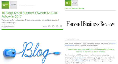 NCR Silver - 10 Blogs Small Business Owners Should Follow in 2017 by Dave Johnson: "Karen Thomas, president and CEO of Thomas Public Relations, is a big fan of the Harvard Business Review and said its required reading for her staff. 'It provides a hard-core look into real-life examples of how to succeed in business'. -Karen Thomas"