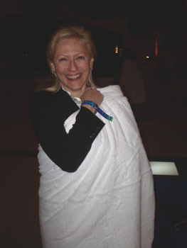 Karen Thomas, Thomas PR wrapped in blanket at outdoor Resident Evil Party at Planet Hollywood Hotel Pool