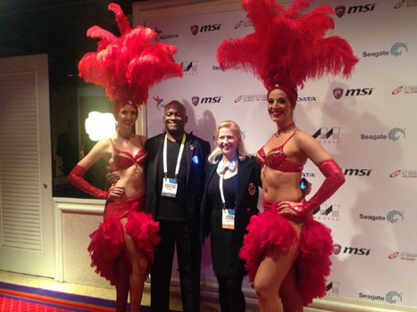 Karen Thomas, Thomas and Zennie Abraham, Zennie62.com at Encore with Las Vegas showgirls (photo by Zennie Abraham)