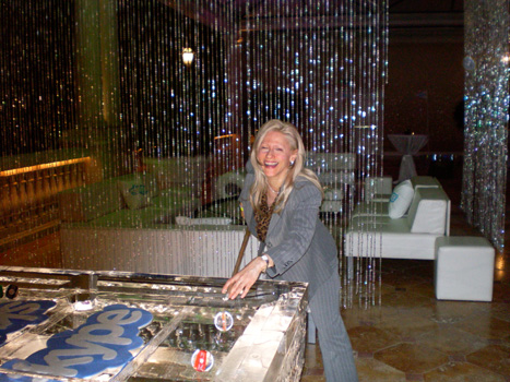 Karen Thomas, Thomas PR Playing Pool on the Ice Pool Table at the Skype Party