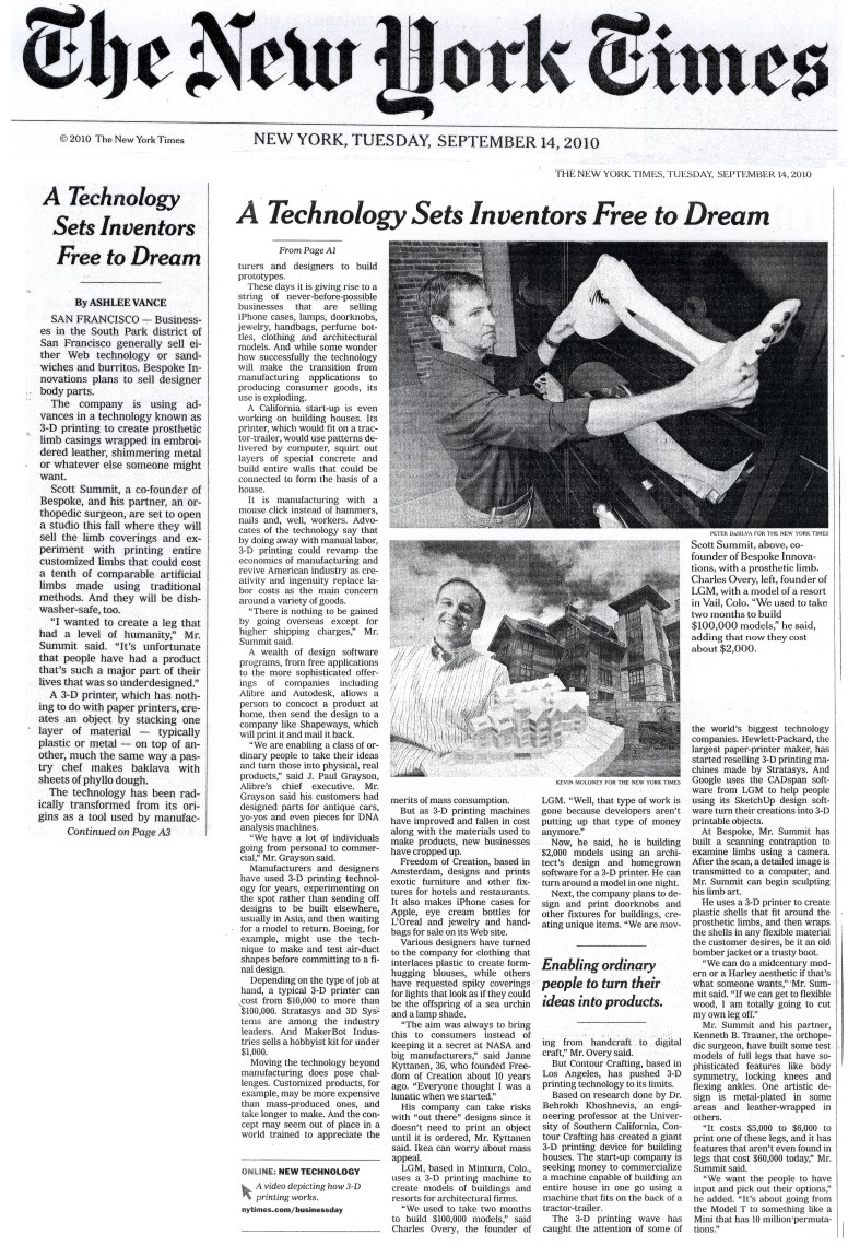 New York Times Cover Story Features Alibre in "3-D Printing Spurs a Manufacturing Revolution" by Ashlee Vance, Sept 14, 2010 - We are enabling a class of ordinary people to take their ideas and turn those into physical, real products, said J. Paul Grayson, Alibres chief executive.