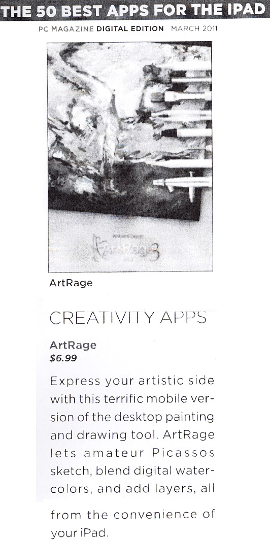  PC Magazine Features ArtRage in 50 Best Apps for iPad March 2011 by Jeffrey Wilson! 
