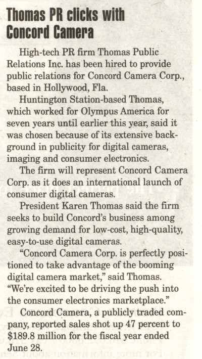 "Thomas PR clicks with Concord Camera" in Long Island Business News