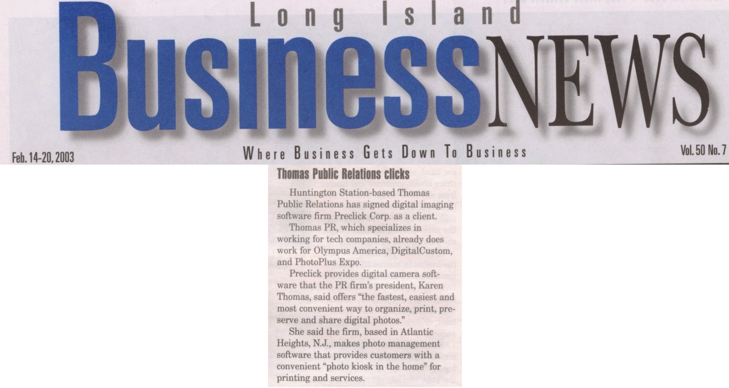 "Thomas Public Relations clicks" in Long Island Business News