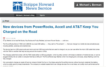 Scripps Howard Syndicated Column on Powerocks Stone3 Portable Power Bank by Michael Berman