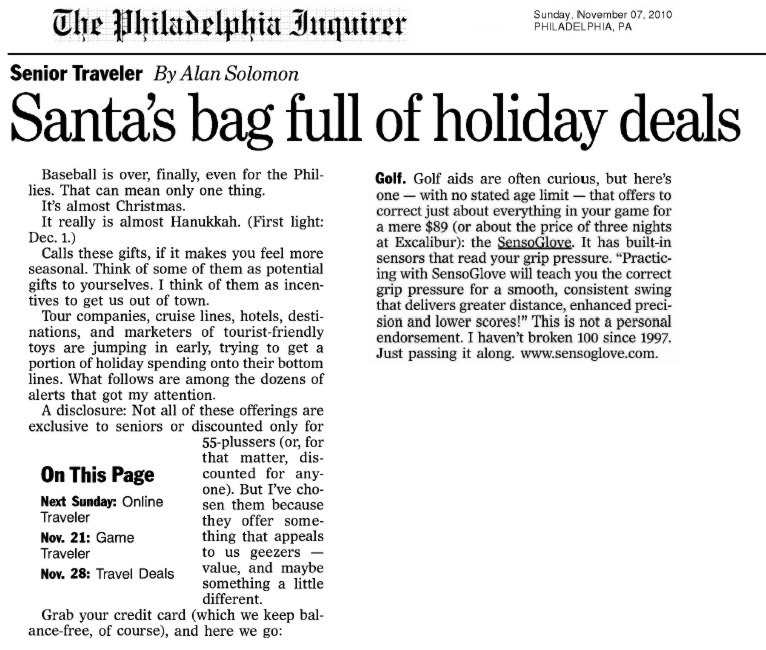 Philadelphia Inquirer Features SensoGlove  Travel Bargains for the Holiday Season by Alan Solomon! 