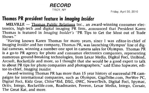 Troy Record Features Thomas PR! "Award-winning Thomas PR has more than 15 year history of successful PR campaigns for international companies, such as Olympus..."